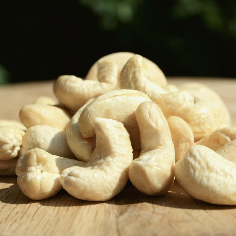 A heap of cashew nuts on a wooden board, in the sun.